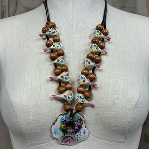 DEGRAZIA Native American Hand Painted Oil on Resin “Flower Girl” Wood Necklace